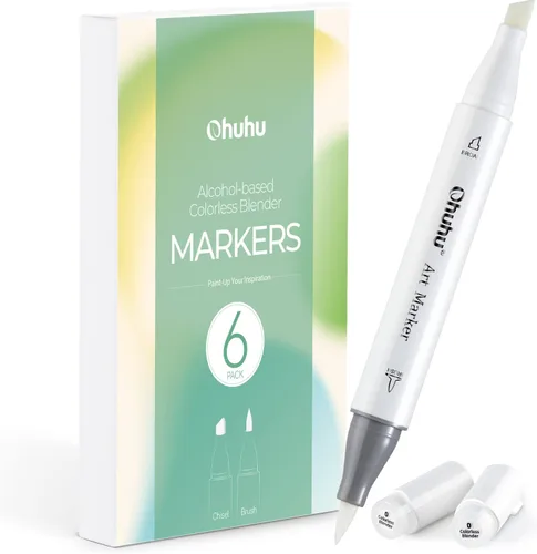 Ohuhu Mezcladores de Alcohol Incoloros - Paquete de 6 Tintas a Base de Alcohol No.0 Cepillo Mezclador Transparente de Marcadores Ohuhu para Añadir