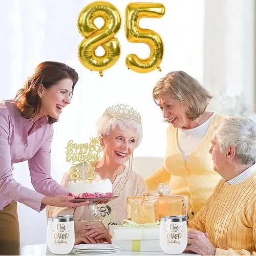 Miniatura 7 de Decoraciones de 85 cumpleaños para mujeres en oro con banda y tiara de 85 cumpleaños, adorno para pastel y velas, globos con números, regalos