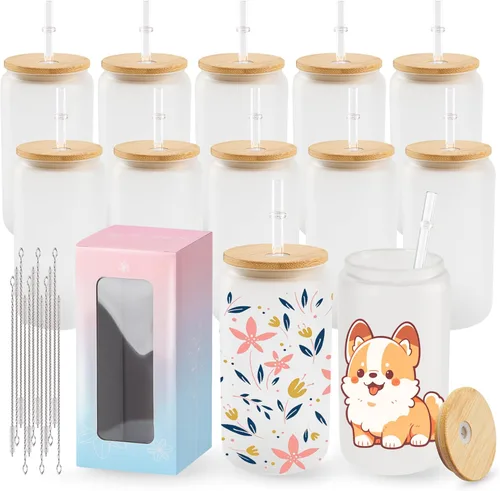 Miniatura 10 de Joyclub Paquete de 12 vasos de vidrio de sublimación con tapas y pajitas de 16 onzas, vaso de vidrio transparente de sublimación en blanco, tazas