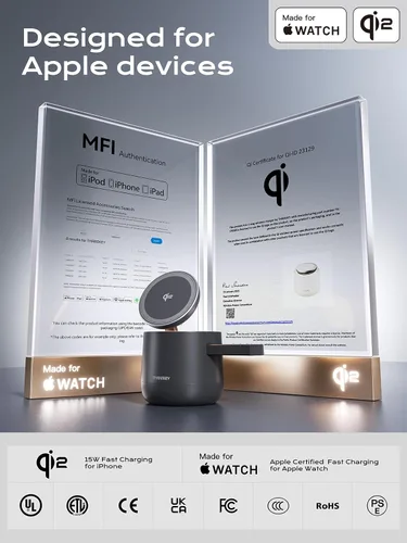 Miniatura 2 de THREEKEY Estación de carga inalámbrica magnética Qi2 4 en 1, cargador rápido de 15 W con módulo de carga hecho para Apple Watch, para iPhone 17-12