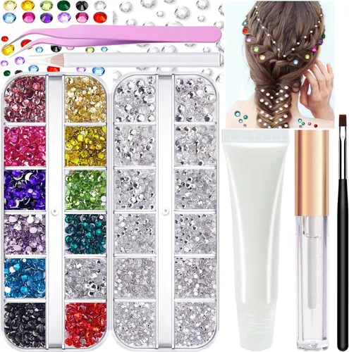 Miniatura 8 de Gemas de diamantes de imitación para el cabello con pegamento de maquillaje, parte trasera plana, joyas coloridas de cristal medio redondo perla