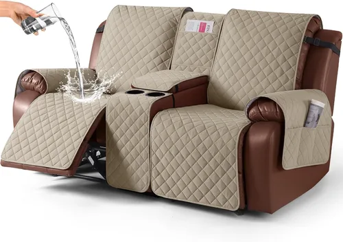 Miniatura 8 de KinCam Funda 100% Impermeable para Loveseat Reclinable con Consola, Fundas Antideslizantes para Sofá Reclinable de 2 Asientos, Funda para Sofá