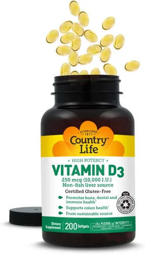 Miniatura 9 de Country Life Vitamina D3 10,000 UI – Fuente de alta potencia sin pescado – Apoyo óseo e inmunológico – Certificado sin gluten – 200 cápsulas blandas