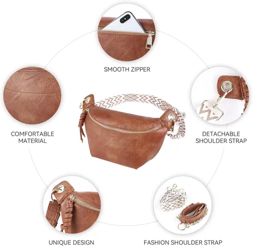 Miniatura 4 de Riñoneras para mujer, bolsos cruzados de moda, bolsos de pecho, bolso de cinturón con 2 correas ajustables, Marrón, Classic