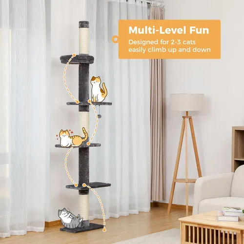 Miniatura 6 de PETEPELA Torre para gatos de 5 niveles de piso a techo, altura del árbol para gatos (95-107 pulgadas), ajustable, árbol de escalada alto con poste