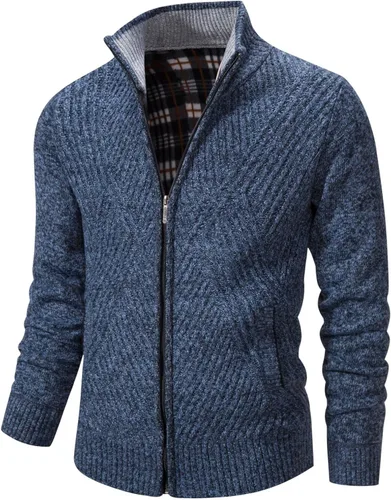 Miniatura 44 de VtuAOL Suéteres tipo cárdigan para hombre, con cremallera completa, cuello alto, cárdigan de punto casual con bolsillos
