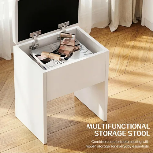 Miniatura 6 de FUXA Escritorio de maquillaje con espejo LED y estación de carga, juego de mesa de tocador con cajón de almacenamiento y silla para dormitorio