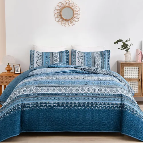 Miniatura 12 de WONGS BEDDING Juego de Colcha Morada Tamaño King, Juego de Colchas Bohemias a Rayas de 3 Piezas, Colcha Ligera de Microfibra para Todas las Púrpura