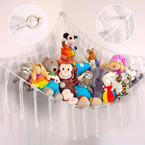 ABBY BABY Hamaca grande para animales de peluche, almacenamiento de animales de peluche, red de macramé 100% algodón natural, organizador de