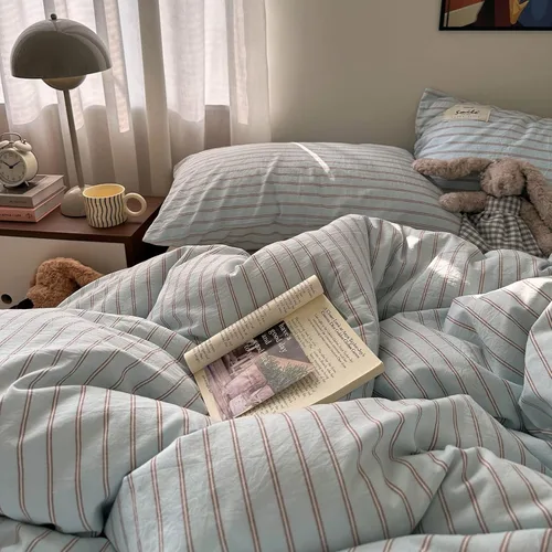 Miniatura 5 de AOJIM Blue & Brown Striped Duvet Cover Set Twin Size 100% Washed Cotton Stripe Bedding Set 3-Piece, Soft Zipper Comforter Cover and 2 Pillowcases