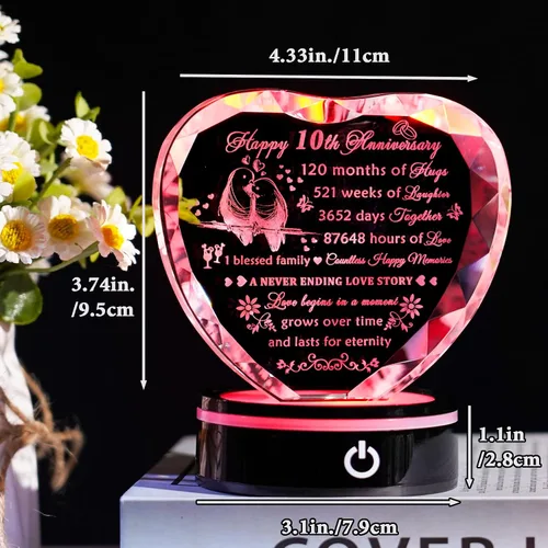 Miniatura 4 de YWHL Regalos de corazón de cristal para parejas con base LED, grabado con láser, regalo de recuerdo de feliz décimo aniversario para esposa, marido
