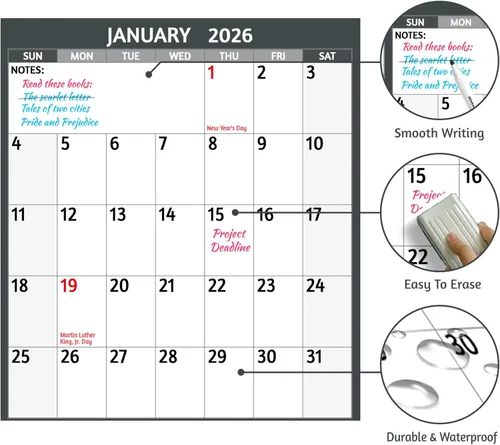 Miniatura 5 de Calendario de borrado en seco 2026, calendario anual grande de pared, 38.2 x 25.2 pulgadas, calendario reversible de 2 lados 2026