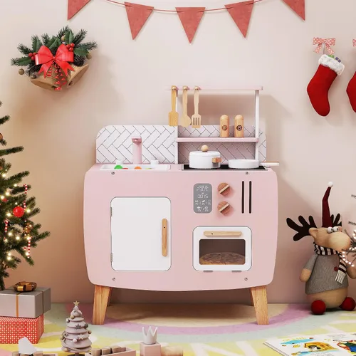 Miniatura 8 de Costzon Juego de cocina para niños, juguete interactivo para niños pequeños con horno, estufa, fregadero, grifo, espacio de almacenamiento