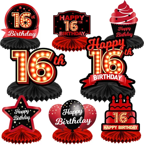 Miniatura 41 de Feliz Cumpleaños 15 Centros de Mesa de Panal Rojo y Negro Globos Decoración Temática de Mesa Decoraciones de Mesa Adornos de Mesa para Niñas Mujeres