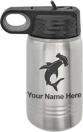 Miniatura 43 de LaserGram Botella de agua personalizada, tiburón martillo, acero inoxidable de doble pared aislada al vacío con popote superior, regalo grabado