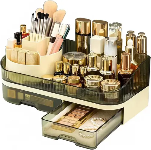 Miniatura 10 de Organizador de maquillaje para encimera con cajones dobles, almacenamiento de cosméticos de gran capacidad para tocador de baño, cuidado de la piel