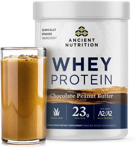 Ancient Nutrition Proteína de suero alimentada con pasto, Chocolate Maní, 23g de proteína, 18 porciones, Péptidos hidrolizados de colágeno, Proteína
