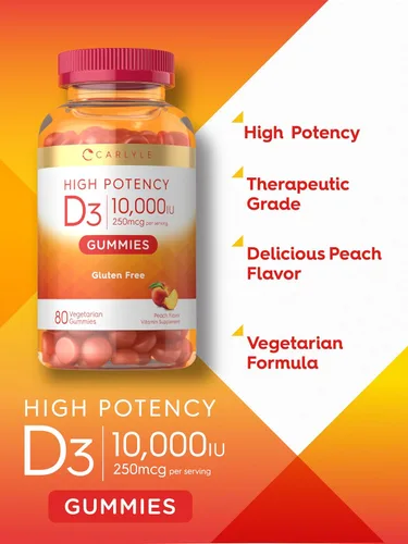 Miniatura 4 de Carlyle Gomitas de vitamina D3 10000iu para adultos 80 unidades Gomitas con sabor a melocotón Alta potencia para mujeres y hombres