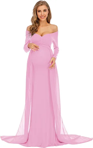 ZIUMUDY Vestido de maternidad de manga larga con hombros descubiertos, vestido de gasa para sesión de fotos, baby shower