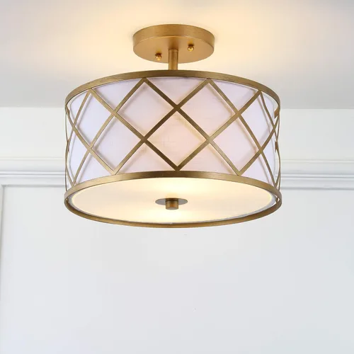 Miniatura 4 de JONATHAN Y Lámpara de techo LED de metal dorado de 13.25 pulgadas, lámpara de tambor de celosía moderna con pantalla de lino blanco, 2 luces