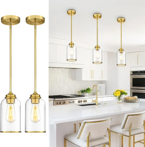 Miniatura 9 de LIROUVET Luces Colgantes Doradas para Isla de Cocina - Lámpara Colgante de Cristal Doble, Luz Colgante de 1 Luz con Cristal Transparente y Lechoso