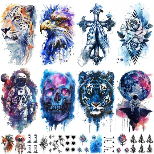 Miniatura 9 de Tatuajes temporales de acuarela de hermosos animales realistas para adultos, tatuajes estéticos de manga media brazo para mujeres y niñas, tatuajes