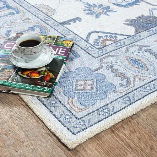 Miniatura 10 de Fame Living Alfombra Oushak Crema Azul, Alfombras Pequeñas Modernas, Vintage, Turca, Ecléctica, Floral, Pastel, Lavable, Tapete para Puerta, Felpudo