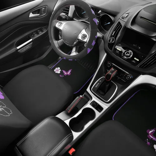Miniatura 3 de CAR PASS Juego completo de fundas de asiento de coche de tela universal con mariposas, alfombrillas de coche impermeables bordadas con flores, funda