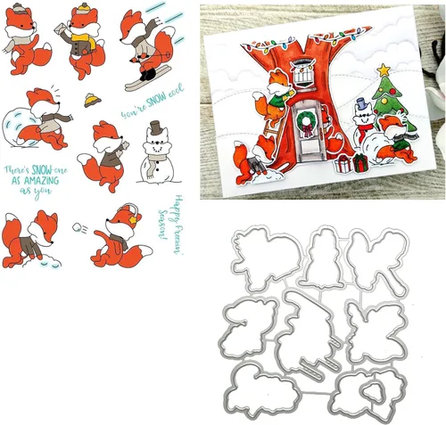 Winter Fox - Juego de sellos y troqueles para hacer tarjetas, sellos transparentes y troqueles de corte de metal para álbumes de recortes,