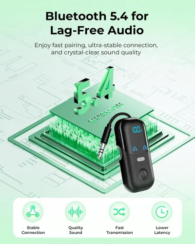 Miniatura 6 de Receptor transmisor Bluetooth 5.4 aptX adaptativo para 2 AirPods/auriculares, adaptador de audio Bluetooth 2 en 1 con micrófono y pantalla LED