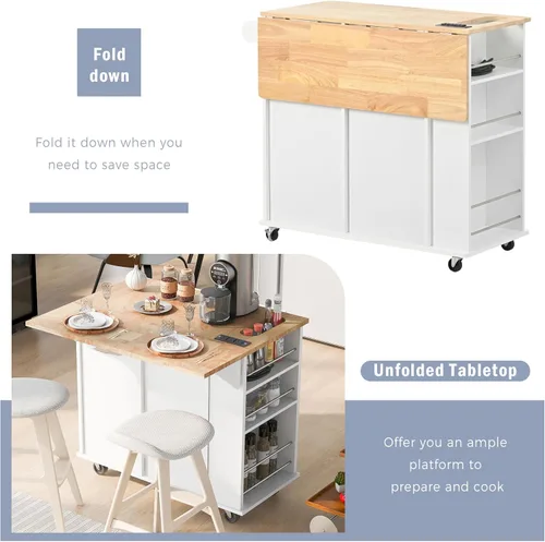 Miniatura 3 de Isla de cocina con toma de corriente, isla de almacenamiento de cocina con hojas caídas y madera de goma, mesa de carrito de cocina con 5 ruedas