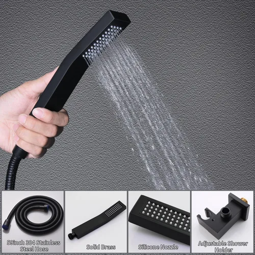 Miniatura 5 de Sistema de ducha de cuerpo completo, juego completo de grifos de ducha negros de 16 pulgadas, cabezal de ducha termostático de 3 vías, rociadores