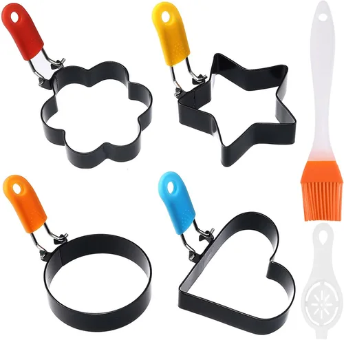 4 anillos antiadherentes de acero inoxidable para huevos de diferentes formas con 1 cepillo de aceite y 1 separador de huevos, moldes de huevo,
