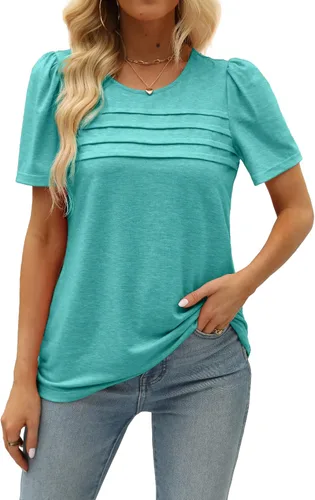 Miniatura 44 de JomeDesign - Camisetas casuales de verano para mujer, manga corta, cuello redondo, manga abullonada