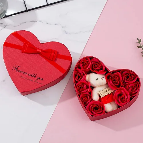 Miniatura 2 de Surakey Caja de regalo de rosas románticas con bonito oso de peluche y etiqueta I Love You en forma de corazón, pétalo de cuerpo de baño perfumado