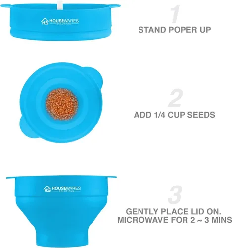 Miniatura 4 de BRENSTEN - Tazón plegable de silicona para palomitas de maíz con aire caliente para microondas con tapa y asas - Aqua Aguamarina
