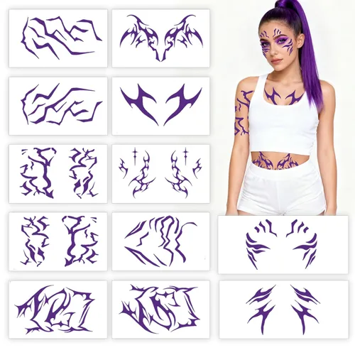 Miniatura 12 de 12 tatuajes temporales morados que brillan en la oscuridad, tatuajes falsos de baile para cosplay, Halloween, festival de música, maquillaje