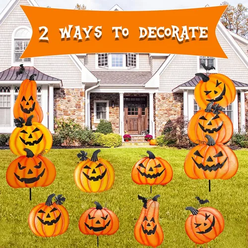 Miniatura 4 de Juegoal Paquete de 2 estacas de jardín de Halloween, calabazas de metal apiladas, decoración de césped Jack-o-Lantern, letreros de patio decorativos