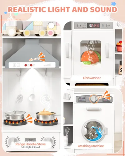 Miniatura 4 de MAMIZO Cocina de Juego de Esquina de Madera, Gran Juego de Cocina Interactivo Ultimate para Niños Pequeños de Pretender con Pizarra, Estufa y Blanco