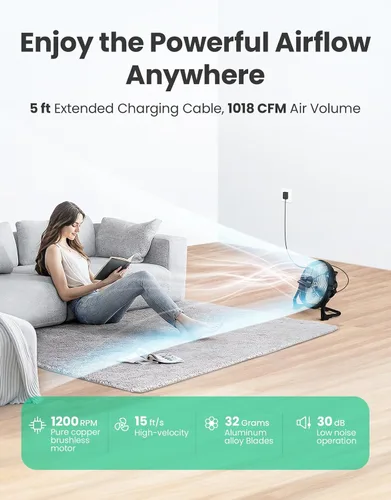 Miniatura 3 de Ventilador de suelo portátil de 10 pulgadas, funciona con pilas, ventilador recargable inalámbrico, ventilador inalámbrico de alta velocidad, carga