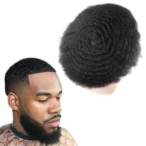 Miniatura 34 de Pelucas Afro Rizadas Toupé para Hombres Pelucas para Hombre Afroamericano Negro Unidad de Cabello Masculino Negro Rizado Afro Tejido Masculino