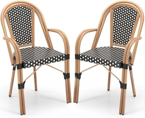 Tangkula Juego de 2 sillas de bistró francesas para exteriores, sillas de mimbre de polietileno tejidas a mano con reposabrazos, sillones de comedor