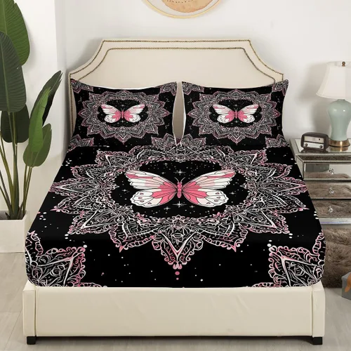 Miniatura 4 de Feelyou Juego de sábanas de mariposa tamaño individual para niños y niñas, juego de sábanas de mandala bohemio para niños, sábanas negras y rosas
