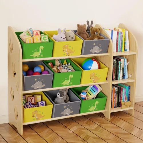 Miniatura 9 de Organizador de almacenamiento de juguetes con 3 estantes y 9 contenedores, estantería de castillo rosa y estantería para niños, estante de juguetes