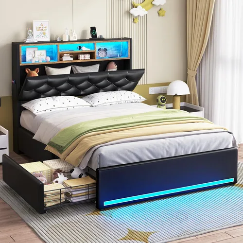 HAUOMS Cama Twin con Cabecera de 3 Niveles y Almacenamiento Oculto, Marco LED Tapizado con 4 Cajones y Estación de Carga, Cama de Plataforma de Pu