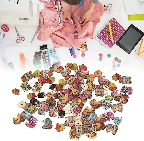 Miniatura 4 de Pssopp Botones para manualidades, 1.2 pulgadas de largo, lindos animales, coloridos y ligeros, botones de madera para coser, manualidades