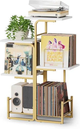 Miniatura 9 de Bikoney - Soporte para tocadiscos inspirado en jardineras con gran almacenamiento de vinilo, mesa de tocadiscos vintage con estante para LP