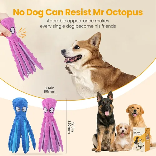 Miniatura 3 de HGB Juguetes chirriantes para perros, paquete de 2 juguetes para masticar sin relleno, pulpo arrugado para cachorros, perros pequeños, medianos