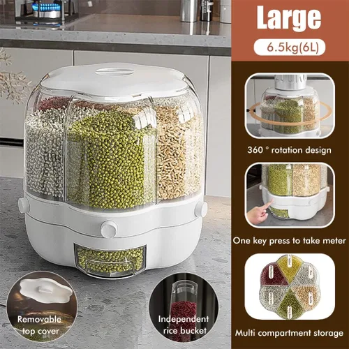 Miniatura 2 de Enfudid Contenedor de almacenamiento de granos para alimentos, dispensador de arroz de 6 rejillas de gran capacidad, caja de almacenamiento