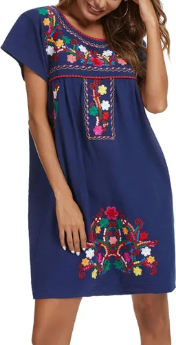 Miniatura 2 de YZXDORWJ - Vestido mexicano bordado de manga corta para mujer